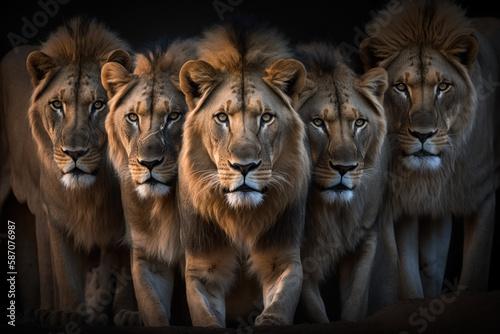 Five Tigers portrait on nature background. AI Generative