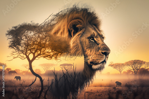 lion and the African savannah double exposure. Generative AI