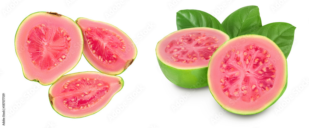 Guava fruit slices isolated on white background with  full depth of field. Top view. Flat lay