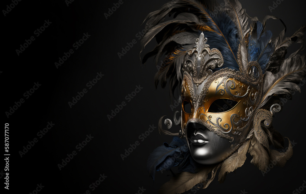 Ornate handmade venetian mask on black background, Created using generative AI tools