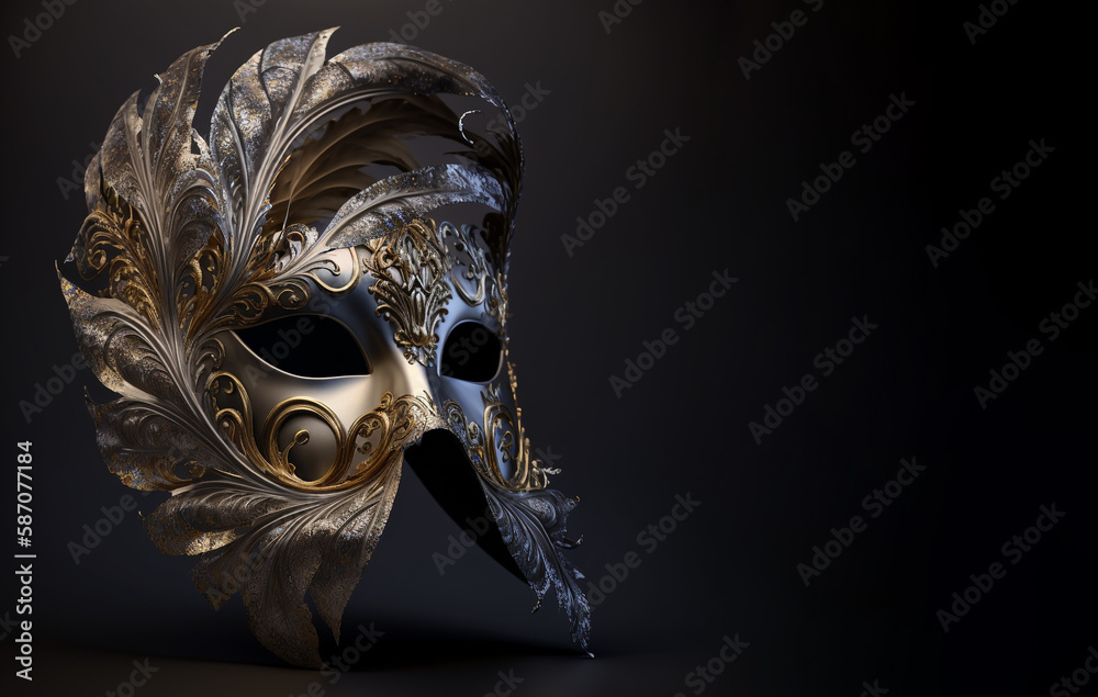 Naklejka premium Ornate handmade venetian mask on black background, Created using generative AI tools