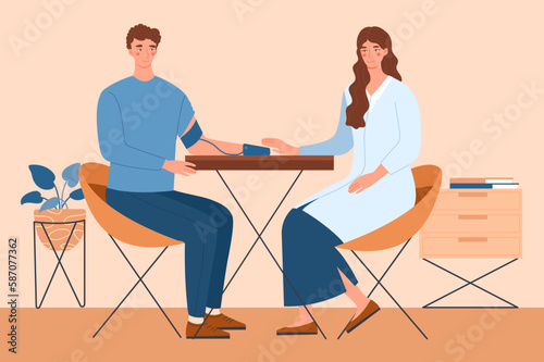 Doctor measuring blood pressure. Young guy sitting in specialists office with health assessment machine. Female physician sitting at table in clinic or hospital. Cartoon flat vector illustration