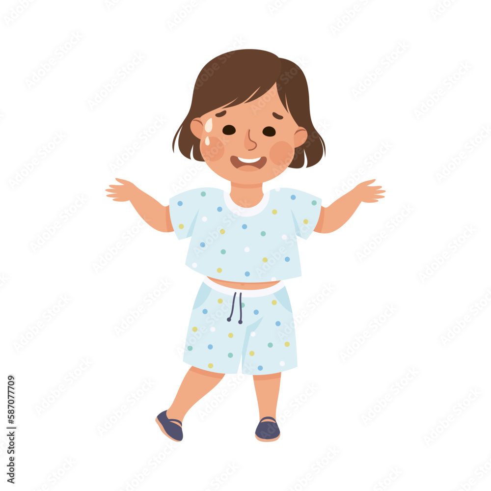 Cute sweaty little girl standing with her arms outstretched to sides. Smiling brown haired girl dressed t-shirt and shorts cartoon vector illustration Cute sweaty little girl standing with her arms outstretched to sides. Smiling brown haired girl dressed t-shirt and shorts cartoon vector illustration