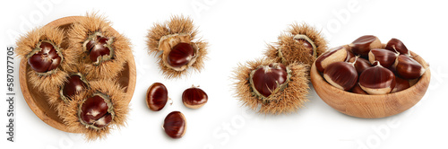 opened sweet chestnut in wooden bowl isolated on white. Top view. Flat lay
