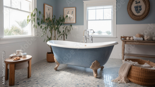Baño de lujo contemporáneo con estilo clásico en tonos azules y blanco. Ilustración de IA Generativa 
