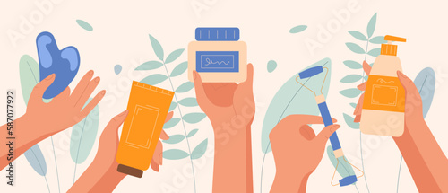 Hands holding cosmetic products. Skin massage roller, spray and moisturizing lotion and cream. Spa treatments for beauty and hygiene. Cleansing foam or water. Cartoon flat vector illustration