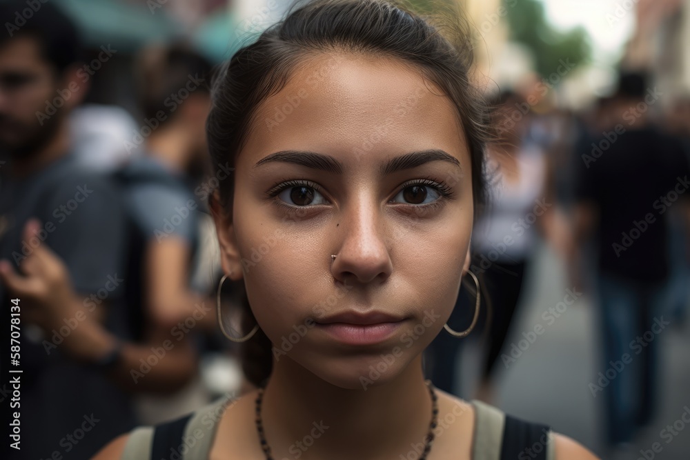 Close up image of a very beautiful attractive hispanic teenage girl looking at the camera serious. Generative AI - obrazy, fototapety, plakaty 