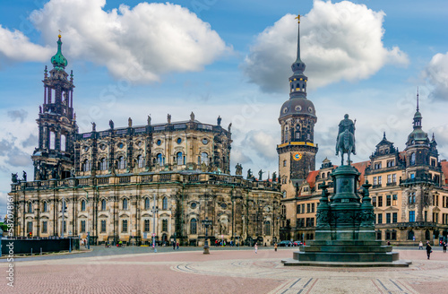 Dresden Cathedral, Dresden Castle and King Johann Statue on Theaterplatz square, Germany