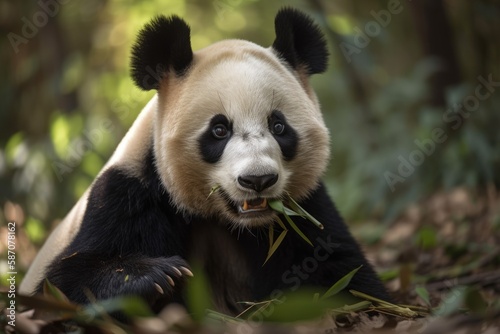 Panda munching bamboo. Generative AI