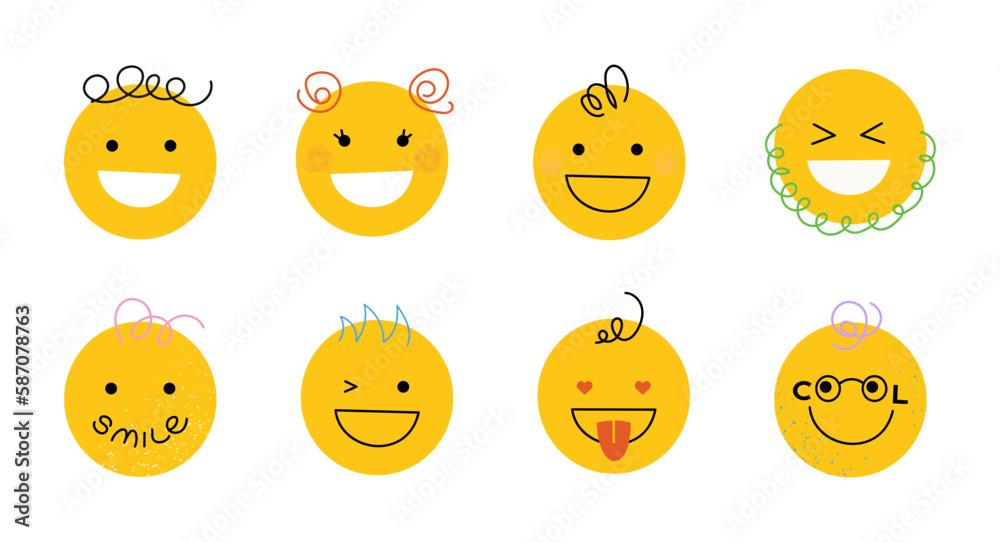 Happy smile faces hand drawn set. Collection of various funny emoji characters with curly hair. Vector illustration isolated on white background Happy smile faces hand drawn set. Collection of various funny emoji characters with curly hair. Vector illustration isolated on white background
