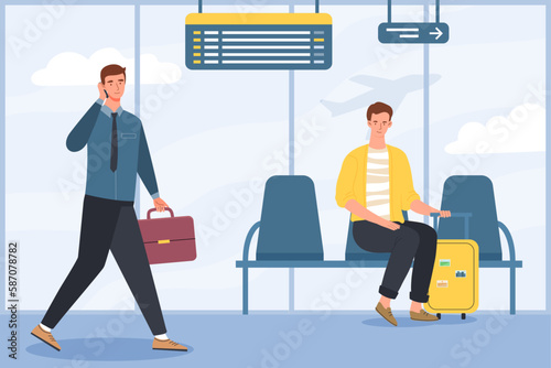 Passenger terminal concept. Men with backpacks at airport waiting for their flight, plane. International arrival and departure. People at waiting room. Cartoon flat vector illustration