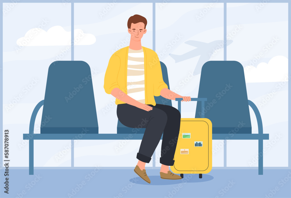 Passenger waiting concept. Man sitting at airport with yellow backpack. Departure lounge and arrival. Vacation, trip and travel, journey. Cartoon flat vector illustration Passenger waiting concept. Man sitting at airport with yellow backpack. Departure lounge and arrival. Vacation, trip and travel, journey. Cartoon flat vector illustration