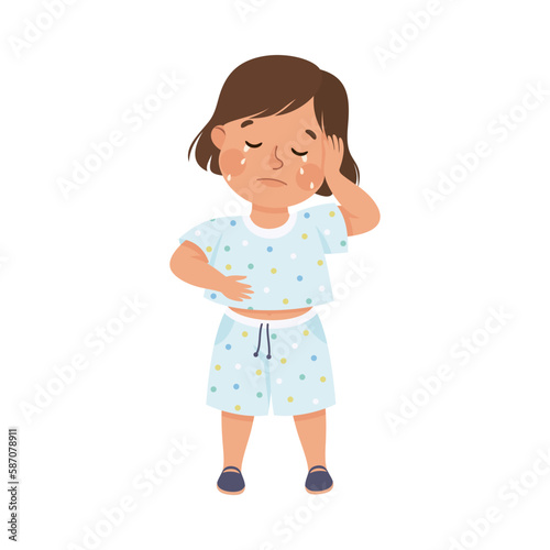 Cute little girl crying with tears. Upset brown haired girl dressed t-shirt and shorts cartoon vector illustration