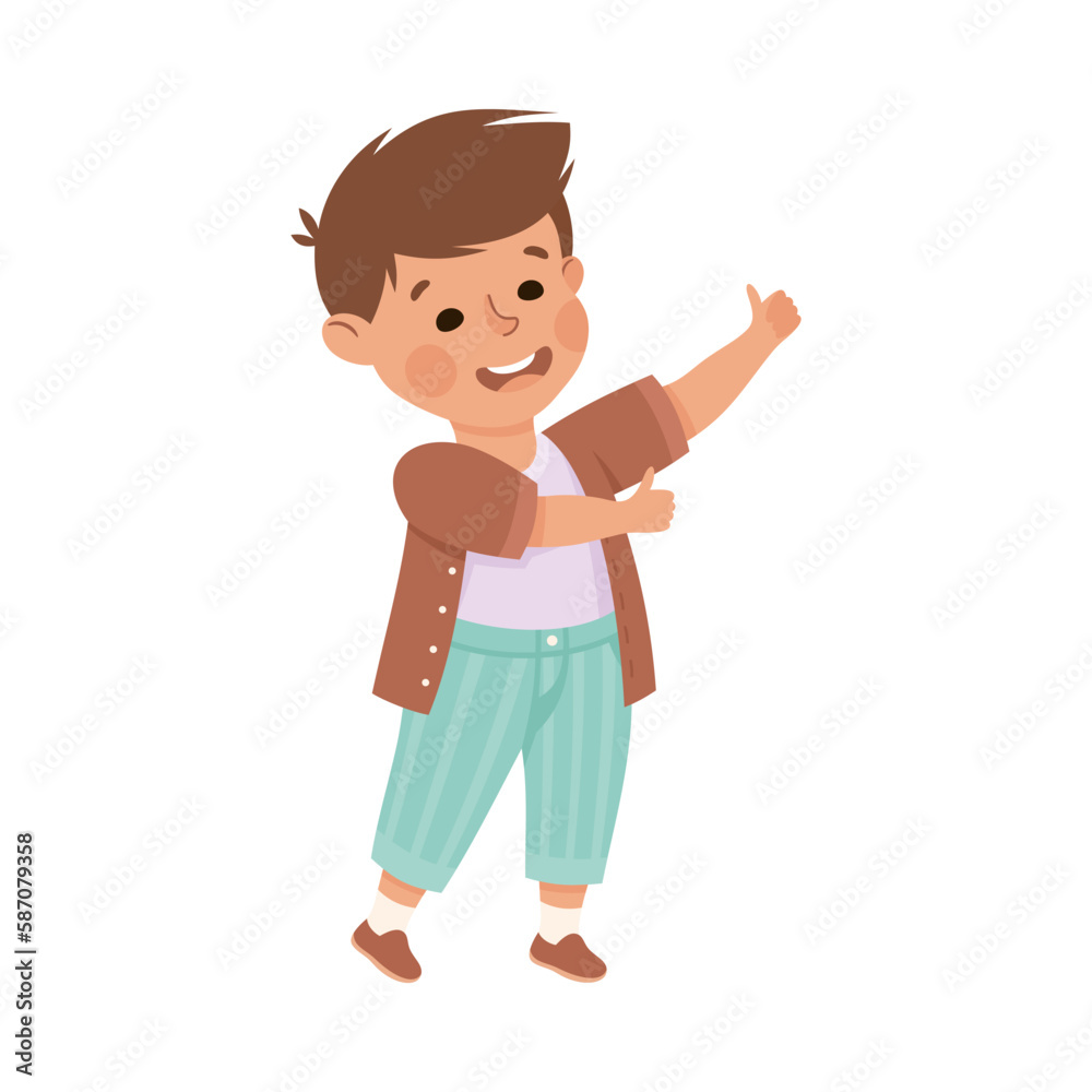 Happy smiling little boy showing thumb up gesture. Joyful cute boy dressed casual clothes cartoon vector illustration Happy smiling little boy showing thumb up gesture. Joyful cute boy dressed casual clothes cartoon vector illustration