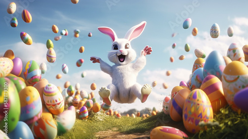 happy Easter bunny jumping with joy with many eggs; generative AI