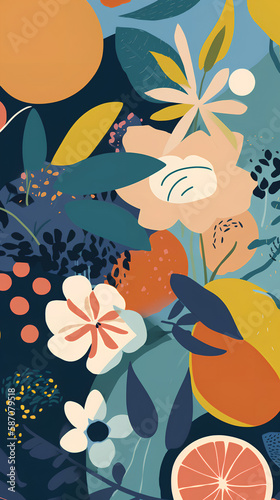 abstract background, composition of flowers, fruits and plants, Matisse-inspired illustration