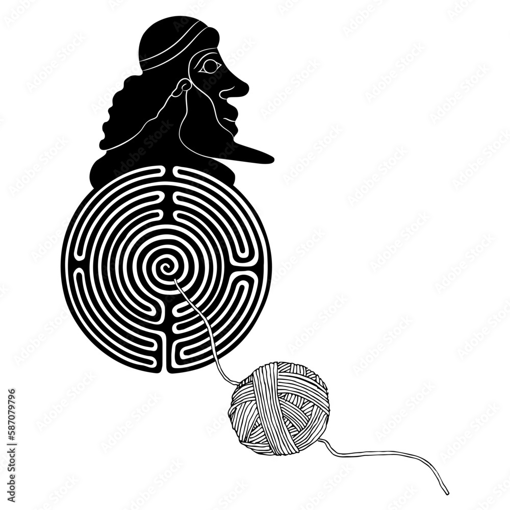 Round spiral maze or labyrinth symbol with bearded human head and a