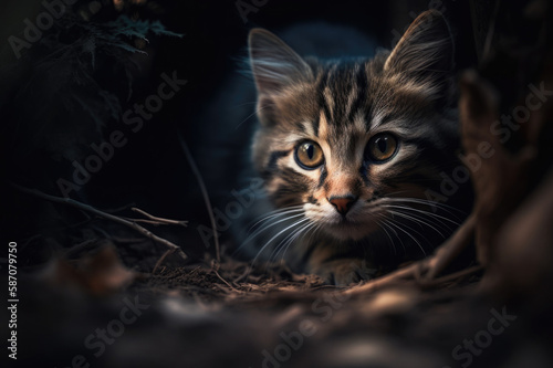 A playful, close-up portrait of a fluffy, wide-eyed kitten exploring its surroundings