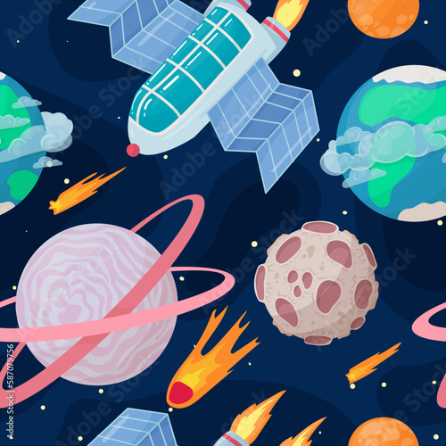 UFOs, spaceships, rockets. Solar system, intergalactic travel. Galaxies, planets, asteroids, comets, shooting stars. Vector illustration in cartoon style on a white background.