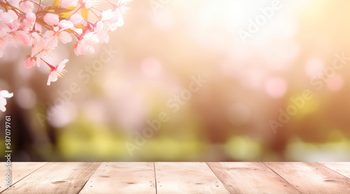 empty wooden table with cherry blossom decoration. blurred bokeh spring background. copy space. For product display. templates, media, printing, etc., generate ai