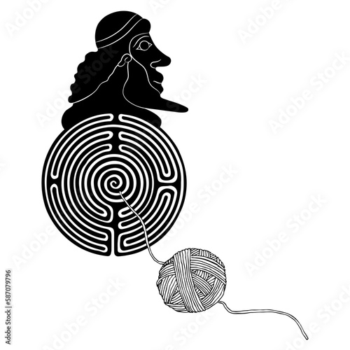 Round spiral maze or labyrinth symbol with bearded human head and a yarn ball. Theseus and Ariadne thread. Daedalus or Minos. Ancient Greek mythology. Creative concept. Black and white silhouette.