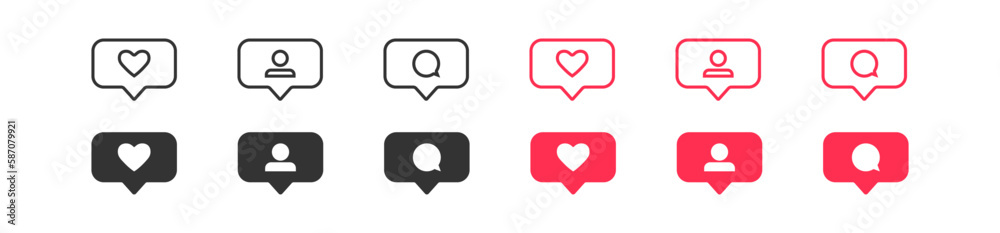 Notification icons in speech bubble. Black and red button: like, comment and follower sing. Social media isolated vector button Notification icons in speech bubble. Black and red button: like, comment and follower sing. Social media isolated vector button