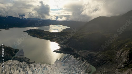 Sunny Panorama Mendenhall Glacier's Ice Cliffs Meet Tranquil Lake, AK