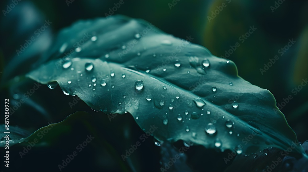 Fototapeta premium Reflection of Environment in Large Water Drop on Plant Leaf