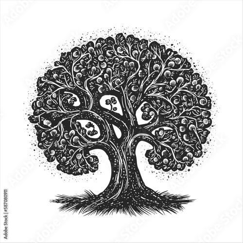 Fruitful tree. Woodcut engraving style hand drawn vector illustration. Optimized vector.	