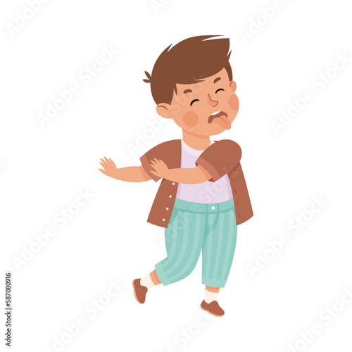 Little boy showing disgusted face expression. Cute boy dressed casual clothes gesturing cartoon vector illustration