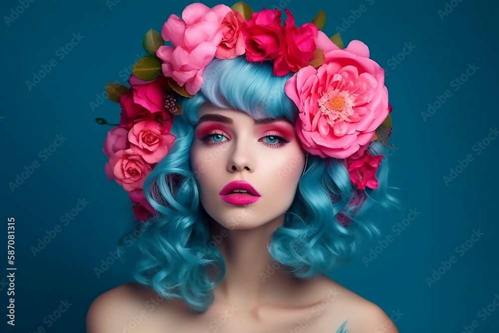 girl with  pink make-up in colored pink wig and flower wreath. Blue background, generative AI tools 