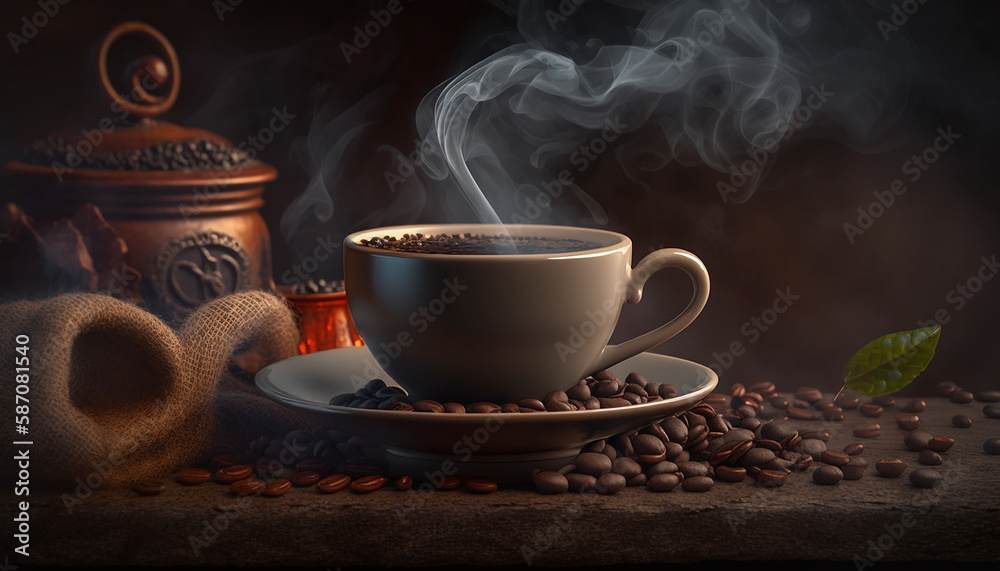 Cup of coffee and grains. Generative AI, Cup of coffee and grains. Generative AI,
