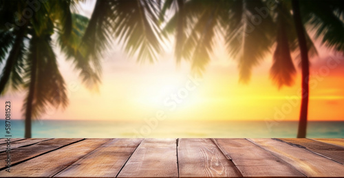 empty wooden table view. sea and coconut tree background with blurred bokeh sunset view. copy space. For product display. templates  media  printing  etc. produce ai