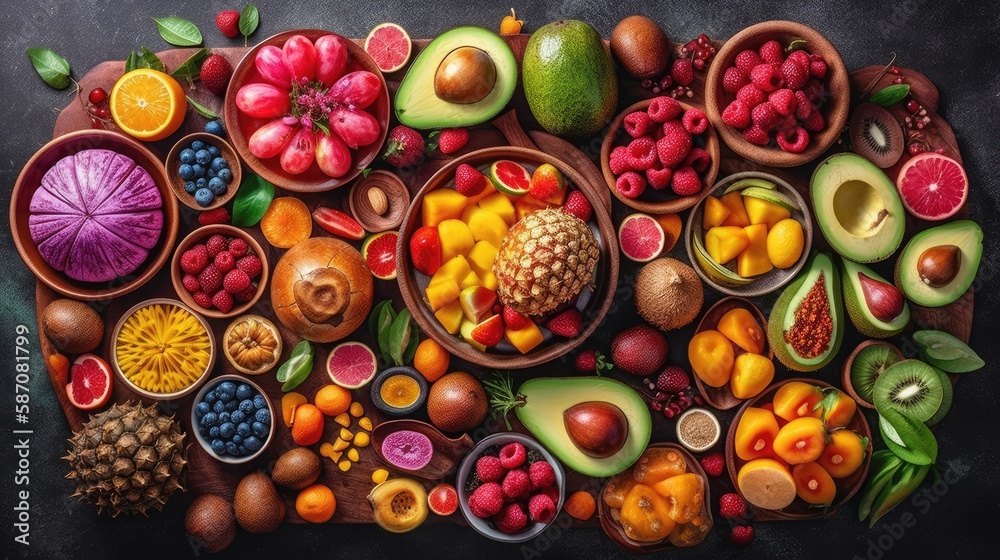 Fruits and vegetables on dark background. Healthy eating concept. Top view Fruits and vegetables on dark background. Healthy eating concept. Top view