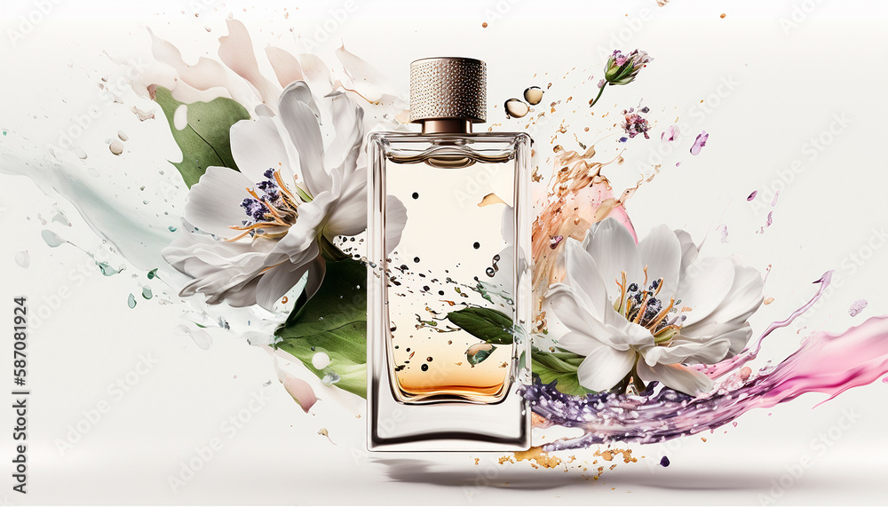 Perfume with floral aroma burst. Generative AI, Perfume with floral aroma burst. Generative AI,
