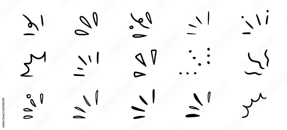 Doodle shine sunburst sparkle ray elements. Hand drawn pop surprise line frame for title headline illustration. Doodle vector illustration Doodle shine sunburst sparkle ray elements. Hand drawn pop surprise line frame for title headline illustration. Doodle vector illustration