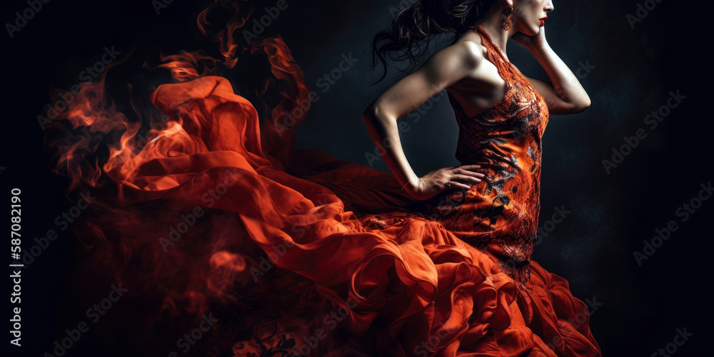 Flamenco Passion, fiery flamenco dancer, dressed in a vibrant, flowing gown (created with Generative AI) - obrazy, fototapety, plakaty 