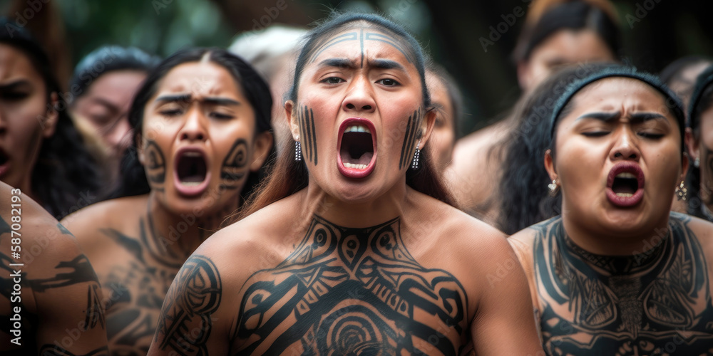 Haka Performance, group of Maori performers  (created with Generative AI) - obrazy, fototapety, plakaty 