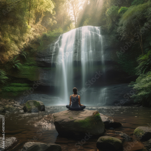 AI Generative image of a woman meditating at the base of a forest waterfall