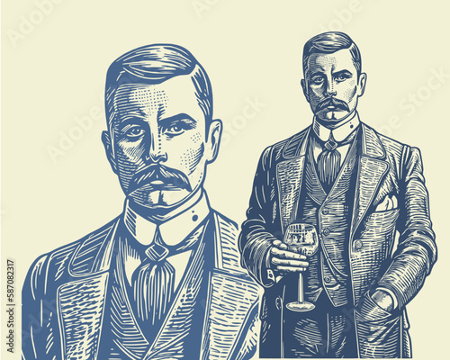 Gentleman with a glass of drink. Woodcut engraving style hand drawn vector illustration. Optimized vector.	
