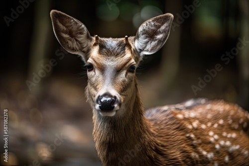 Gorgeous deer with large horns a young deer alone. Generative AI © AkuAku