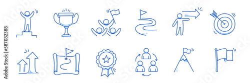 Success leader business doodle icons. Man with leadership flag doodle line sketch award, certificate, trophy. Victory, success, winner concept icon. Outline editable pen stroke. Vector illustration