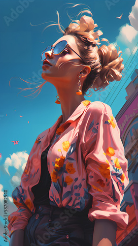 Extremely low angle from below  illustration masterpiece  a beautiful girl in stylish clothes.