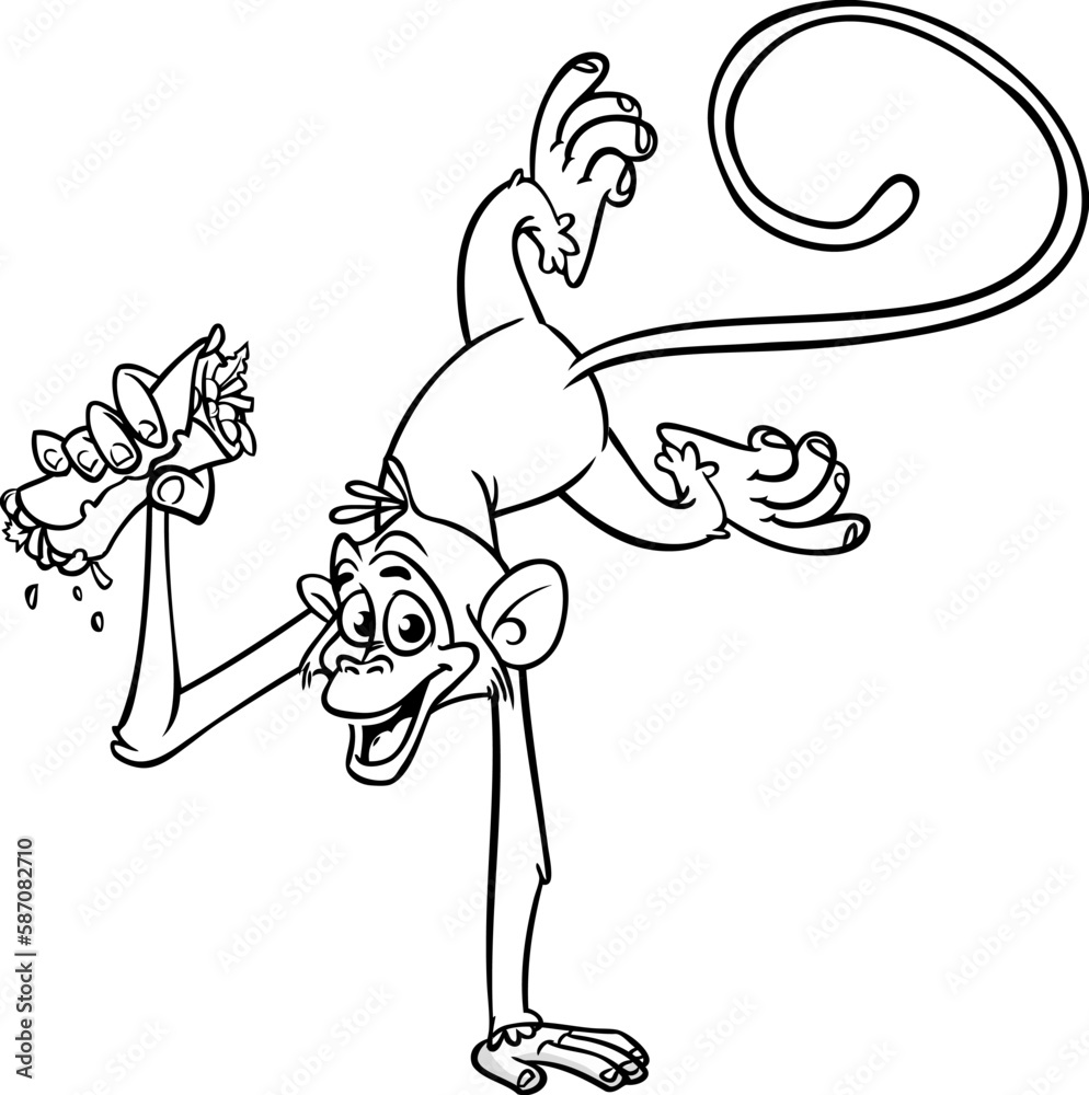 Fototapeta premium Cartoon funny monkey holding kebab or falafel roll streetfood. Vector illustration of happy monkey chimpanzee outlines for coloring pages book