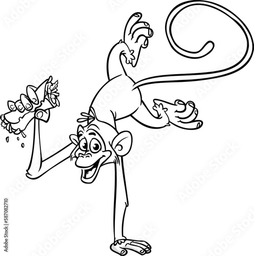 Cartoon funny monkey holding kebab or falafel roll streetfood. Vector illustration of happy monkey chimpanzee outlines for coloring pages book