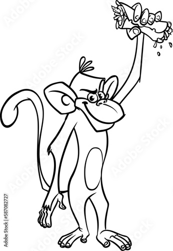 Cartoon funny monkey holding kebab or falafel roll streetfood. Vector illustration of happy monkey chimpanzee outlines for coloring pages book