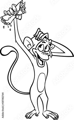 Cartoon funny monkey holding kebab or falafel roll streetfood. Vector illustration of happy monkey chimpanzee outlines for coloring pages book