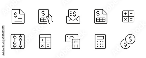 Money, Finance, bill and Business investment related line icon set. Payment and accounting report calculation linear icons. Investment and trading on the stock exchange outline vector sign collection.