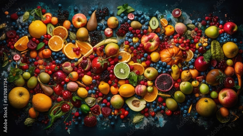 Variety of fresh fruits and vegetables on dark blue background. Top view. Variety of fresh fruits and vegetables on dark blue background. Top view.