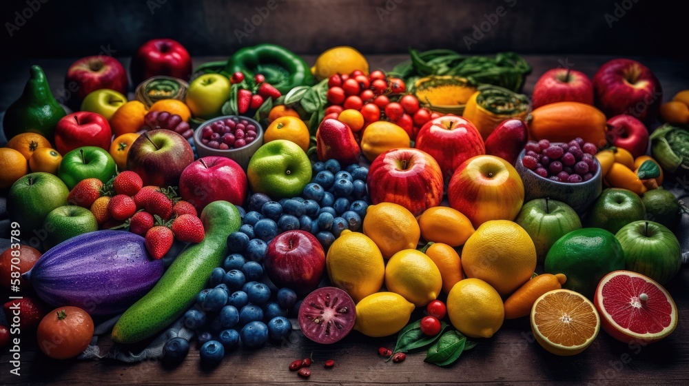 Healthy food background. Fruits and vegetables on old wooden table.